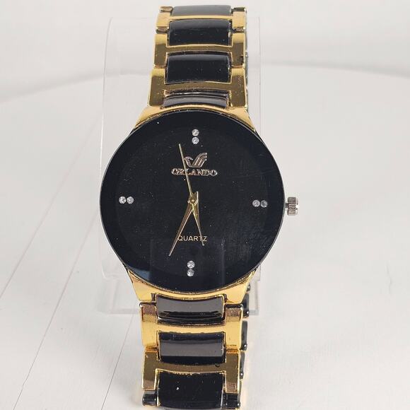 Orlando Black Gold Tone Quartz Analog Watch with Link Band 7.25" Wrist - Picture 1 of 16
